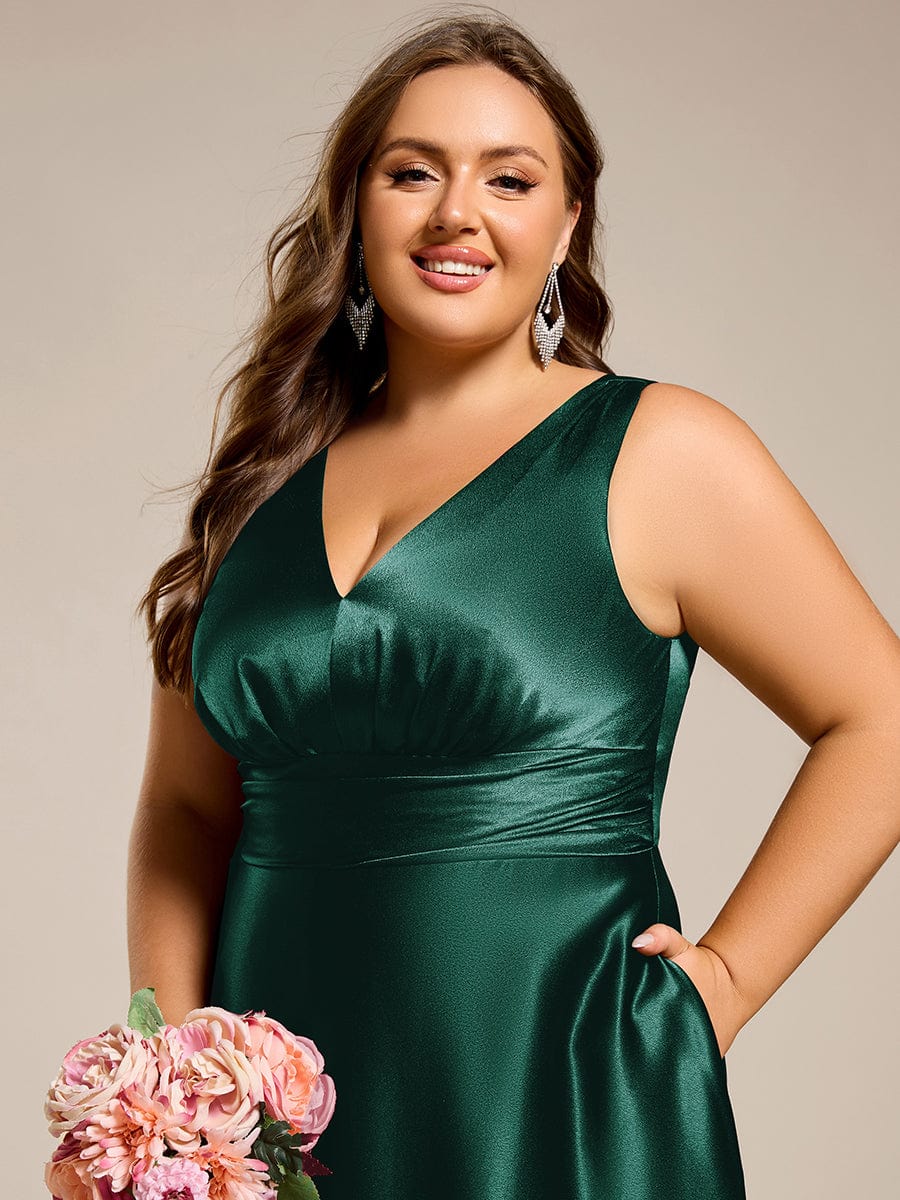 Double V-neck Satin Maxi Formal Dress with Pockets #color_Dark Green