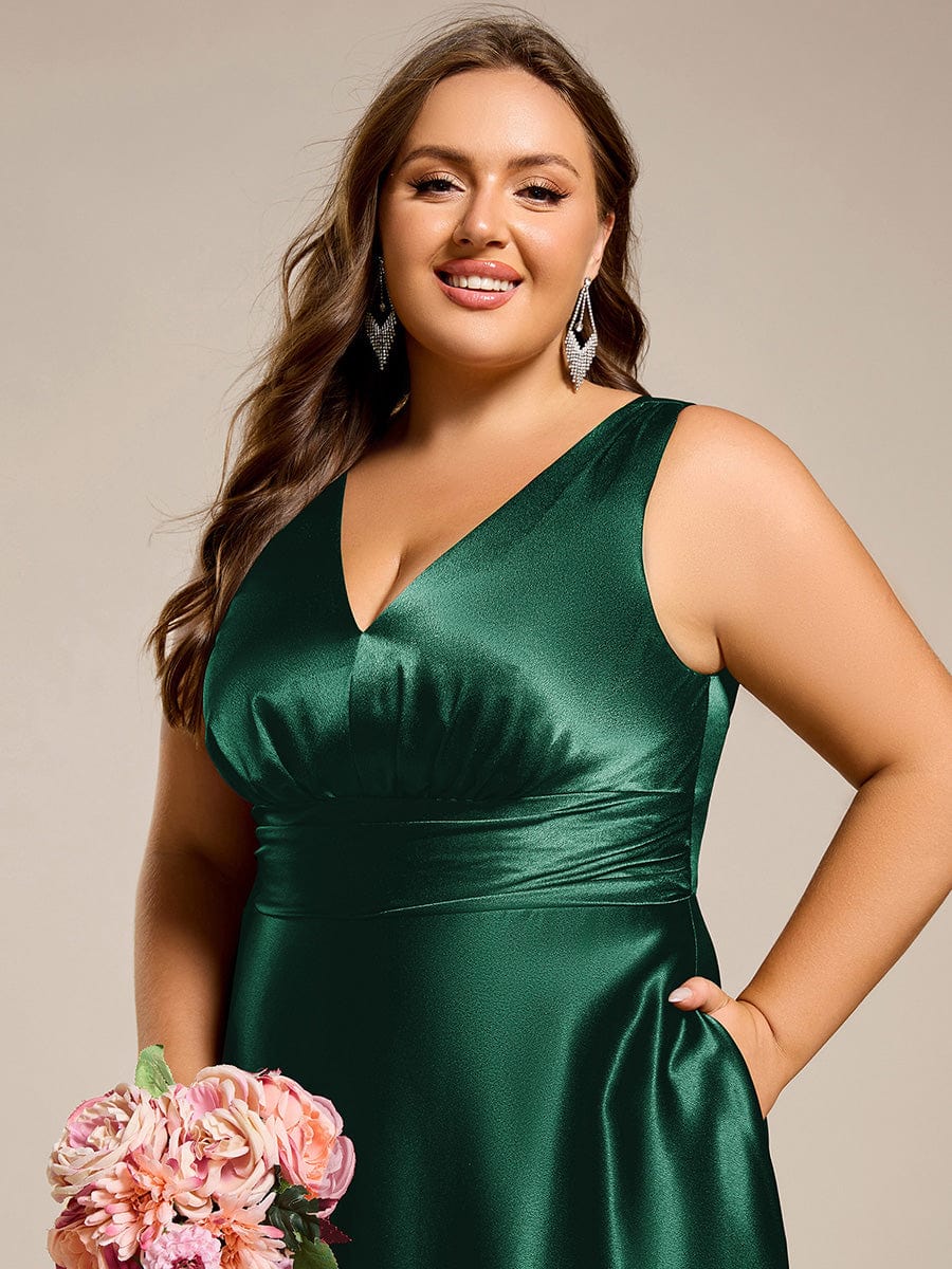 Plus Size Satin Empire Waist Maxi Bridesmaid Dress with Pockets #color_Dark Green