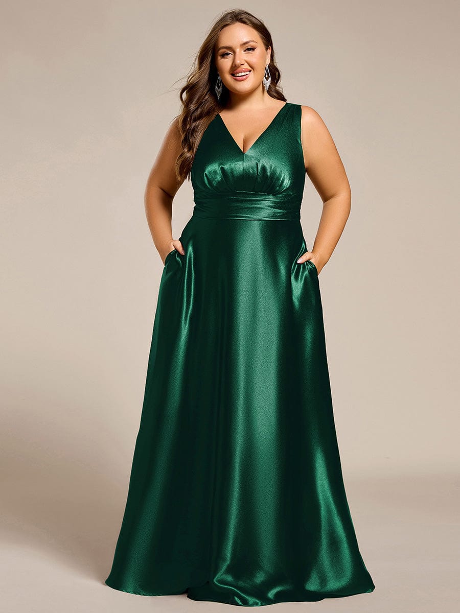Plus Size Satin Empire Waist Maxi Bridesmaid Dress with Pockets #color_Dark Green