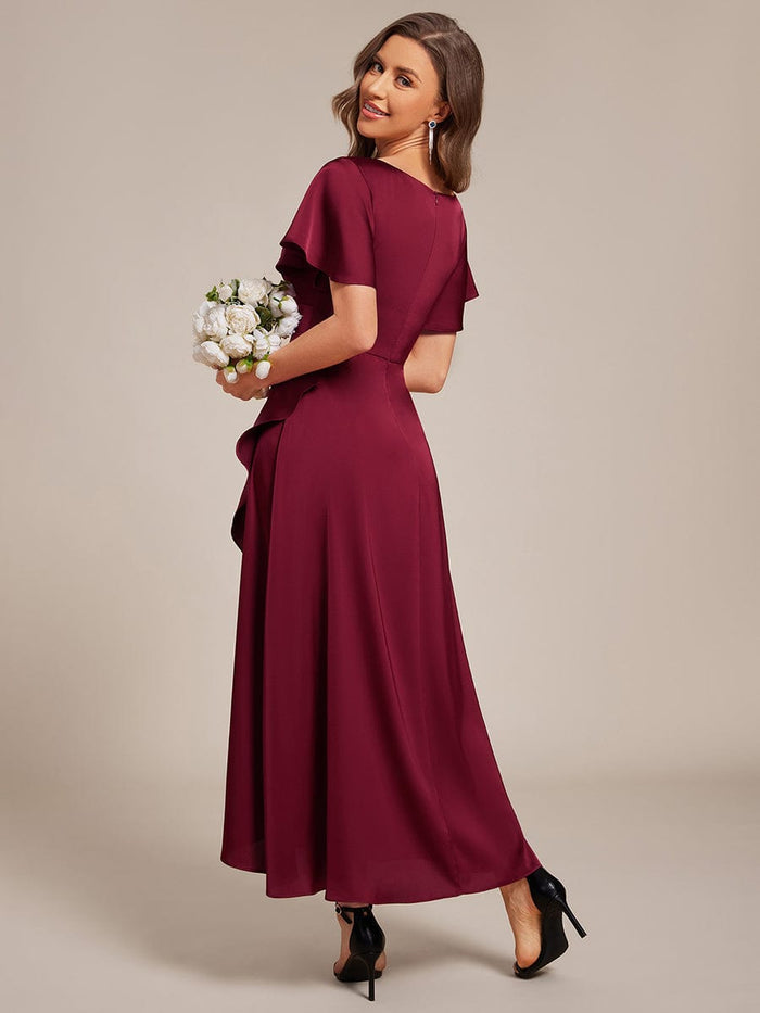 Asymmetrical Midi Bridesmaid Dress with Short Sleeve and Ruffled V-Neck