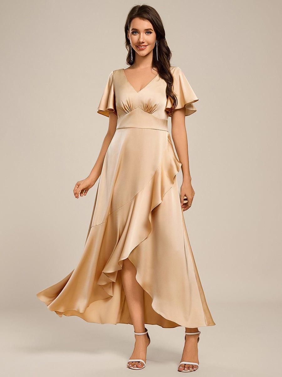 frock and frill bridesmaid dresses Asymmetrical Midi Dress with Short Sleeve Ruffled V-Neck JUNIPER DRESS - Sky DASS26 Short Sleeve 6 Color:Martini Olive