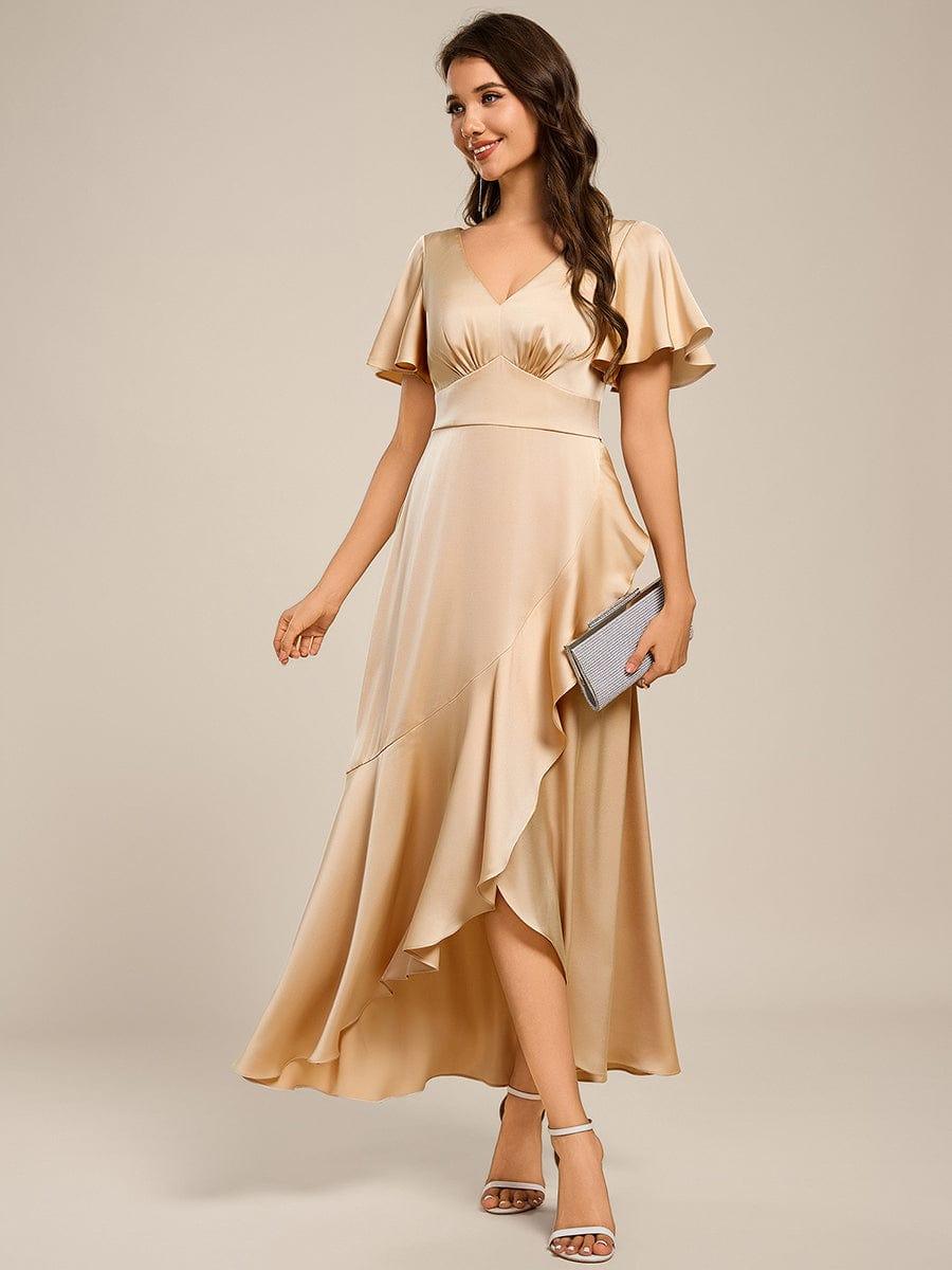 short sleeve asymmetrical dress Midi Bridesmaid with and Ruffled V-Neck Color:petrol blue By Style Filter:Cut-Out Country Road Asymmetric Halter Clean lines and dimensional
