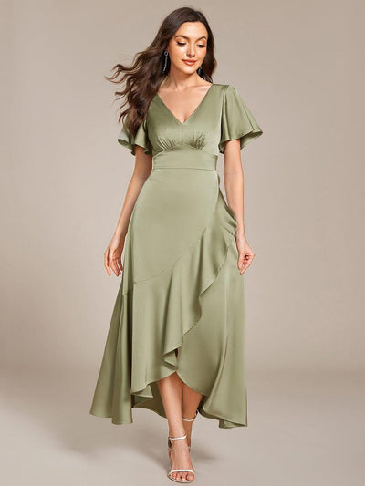Short Sleeve Ruffled V-Neck Satin Midi Bridesmaid Dress #color_Sage Green