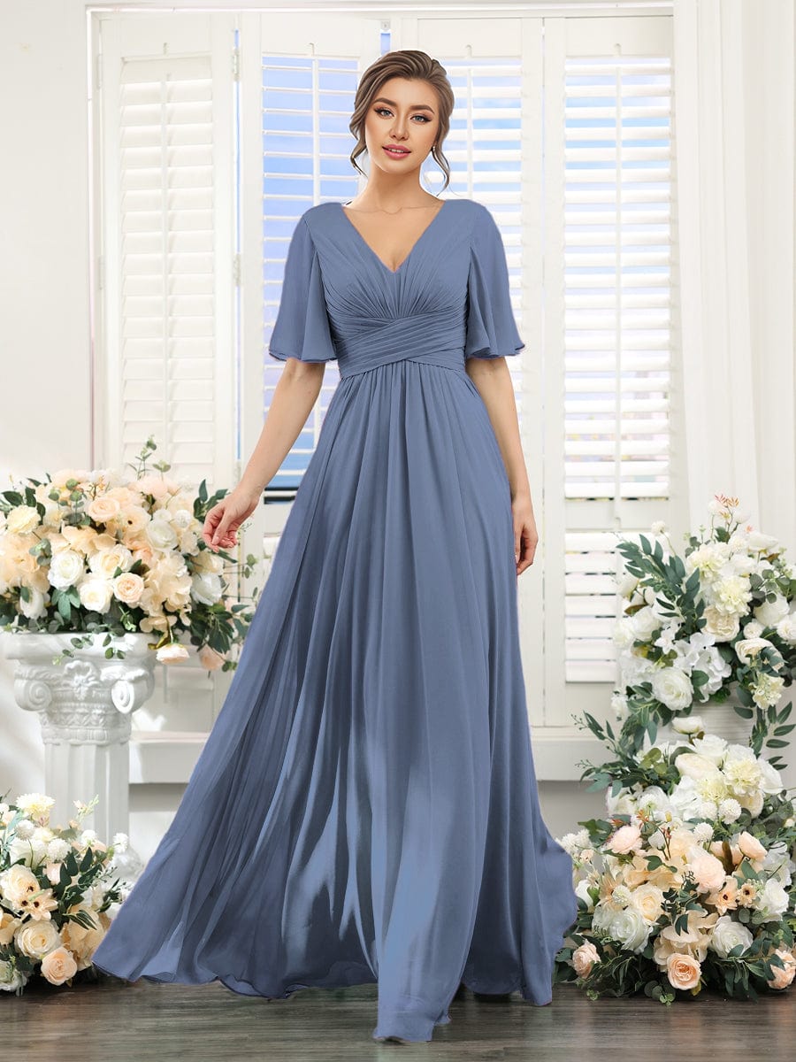 Short Sleeve Ruffled Lace-Up A-Line Maxi Bridesmaid Dress #color_Dusty Blue