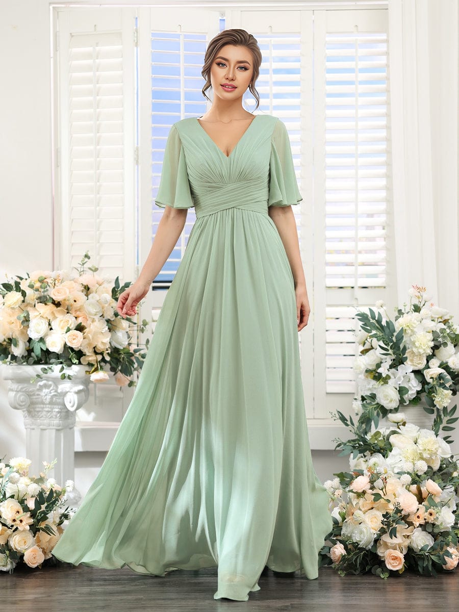 Short Sleeve Ruffled Lace-Up A-Line Maxi Bridesmaid Dress #color_Mint Green