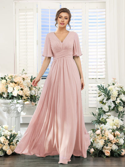 Short Sleeve Ruffled Lace-Up A-Line Maxi Bridesmaid Dress #color_Pink
