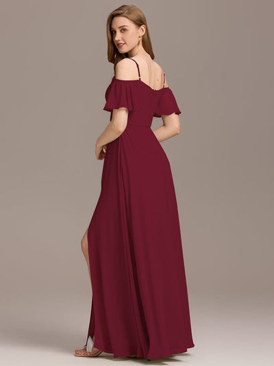 Off-Shoulder Ruched High Split Bridesmaid Dresses #color_Burgundy