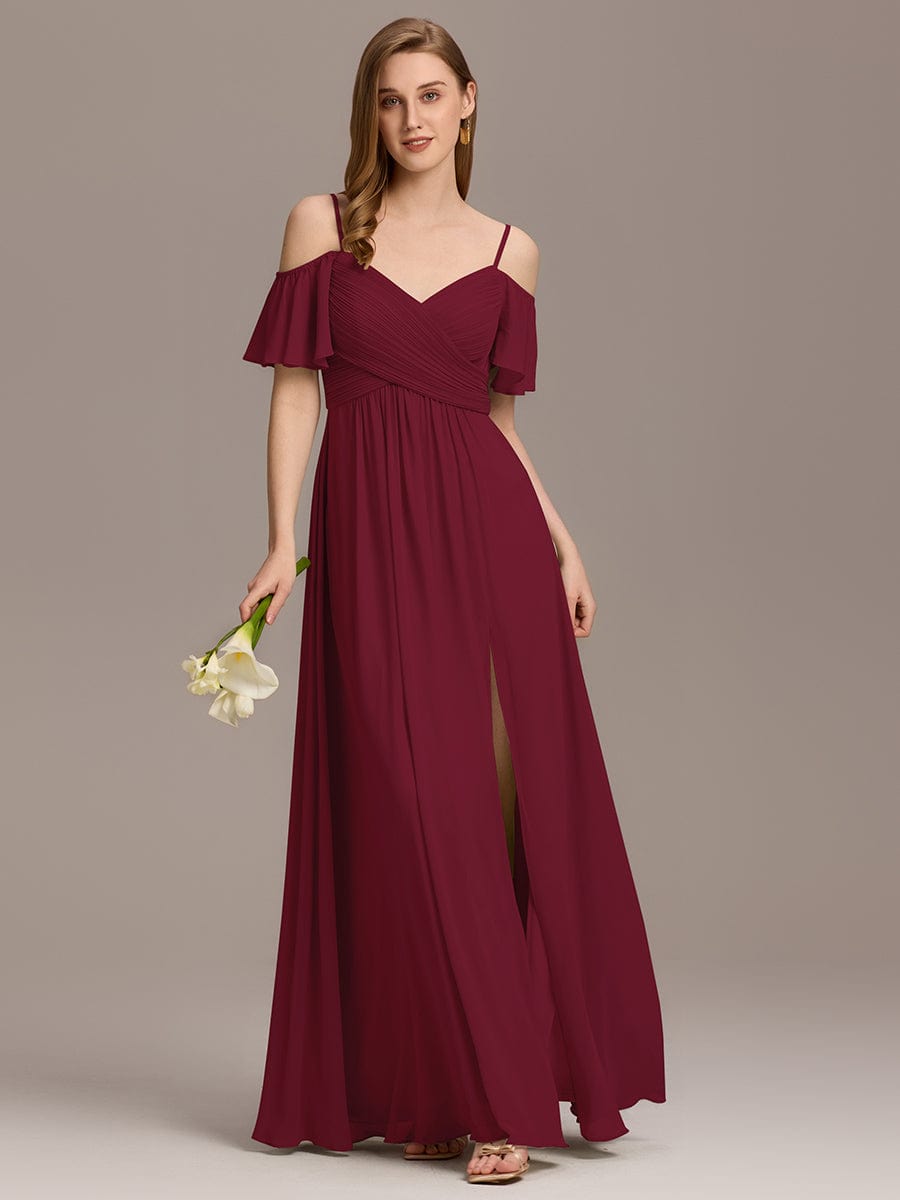 Off-Shoulder Ruched Bridesmaid Dress with High Side Slit for Elegant Occasions