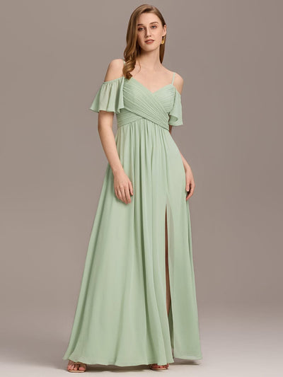 Off-Shoulder Ruched High Split Bridesmaid Dresses #color_Mint Green