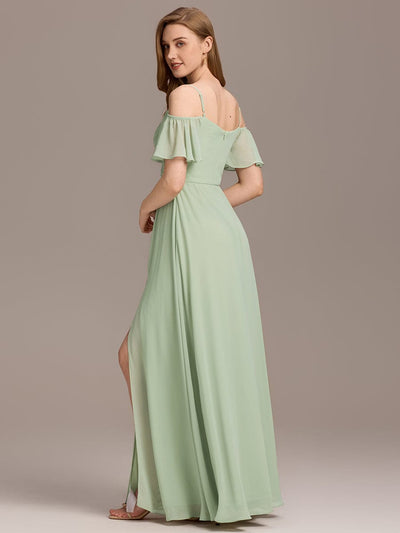 Off-Shoulder Ruched High Split Bridesmaid Dresses #color_Mint Green
