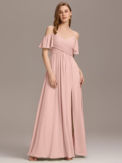 Off-Shoulder Ruched High Split Bridesmaid Dresses #color_Pink