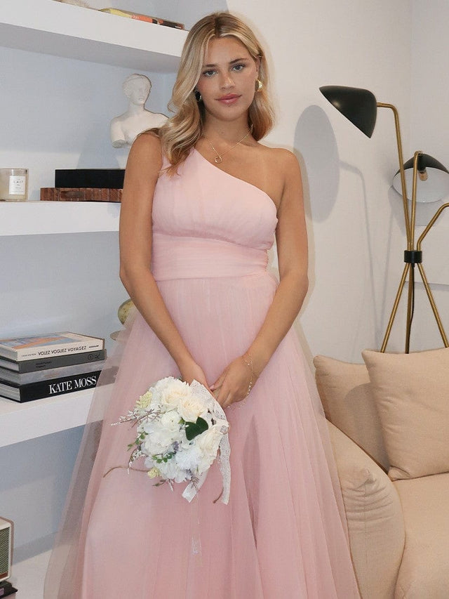 ever ARCADIA|Chic A-Line One-Shoulder Tulle Maxi Bridesmaid Dress Fan Photos 1

