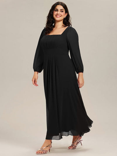Plus Size See-through Chiffon Lantern Sleeve Wedding Guest Dress #color_Black