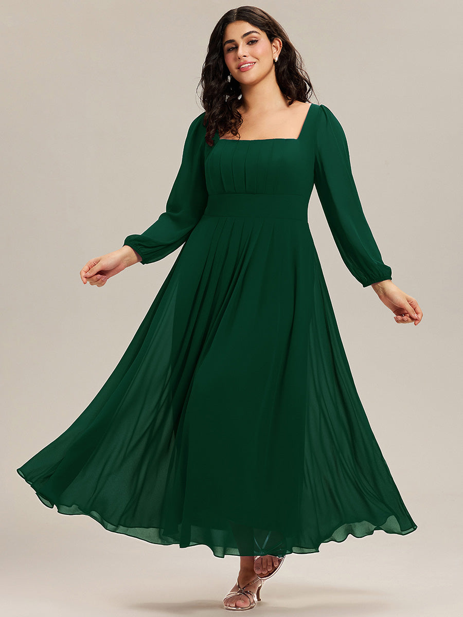 Plus Size See-through Chiffon Lantern Sleeve Wedding Guest Dress #color_Dark Green
