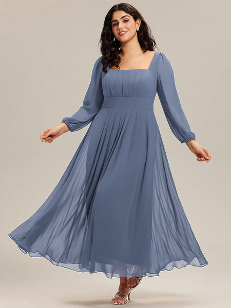 Plus Size Long Sleeve Chiffon Midi Dress with Square Neck for Weddings & Family Events