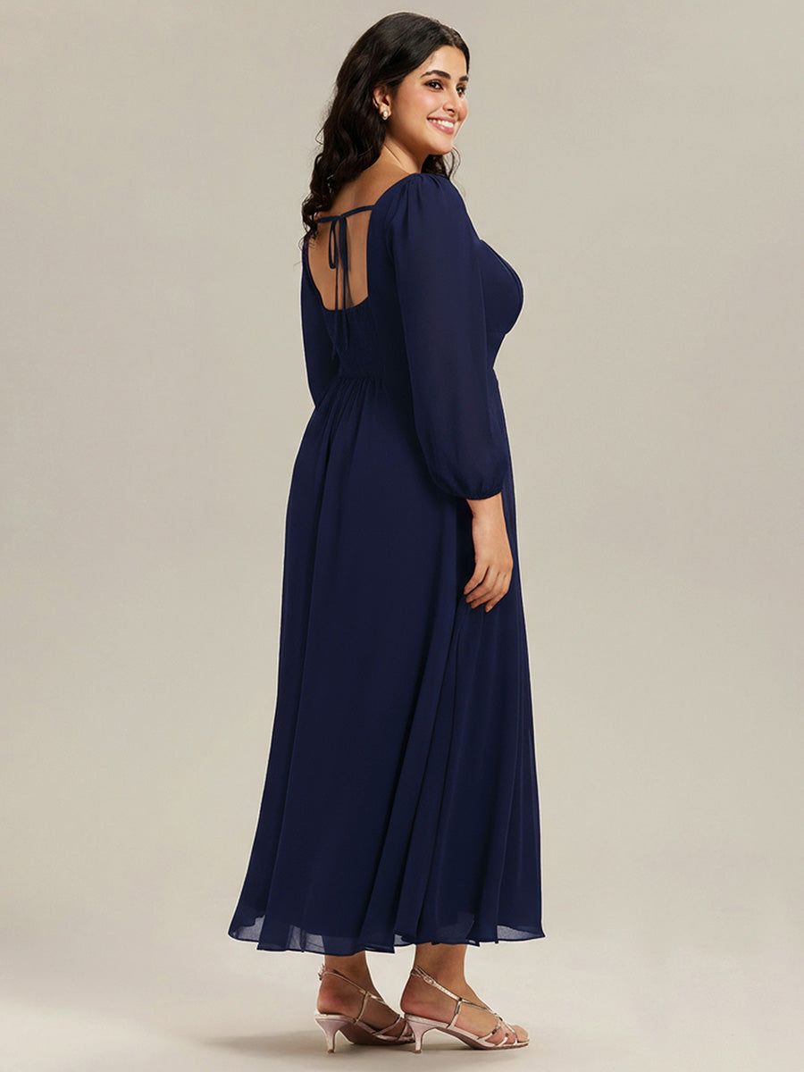 Plus Size See-through Chiffon Lantern Sleeve Wedding Guest Dress #color_Navy Blue