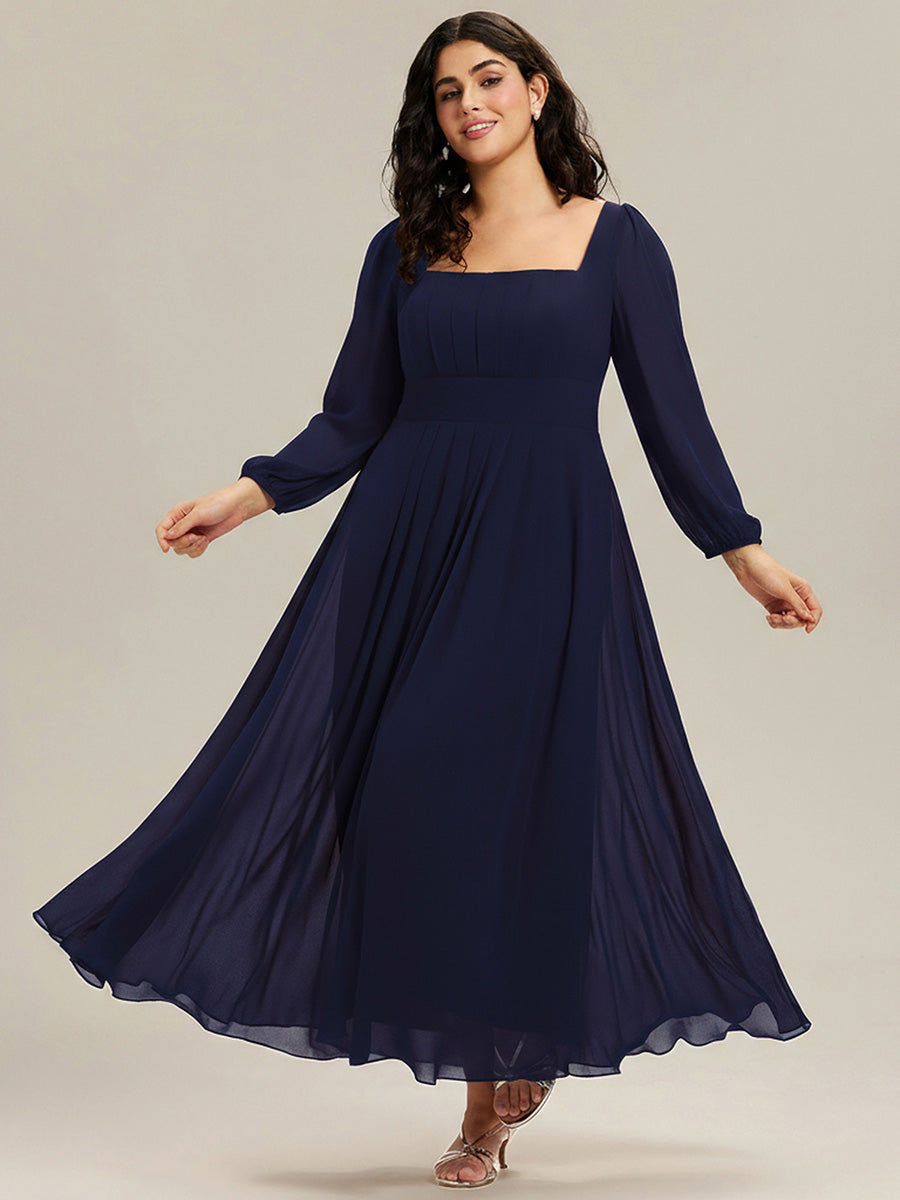 Plus Size See-through Chiffon Lantern Sleeve Wedding Guest Dress #color_Navy Blue