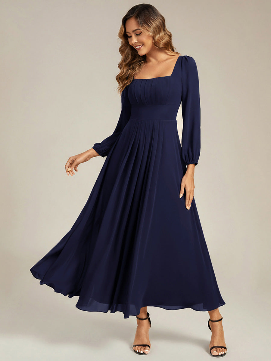 See-through Chiffon Lantern Sleeve Bridesmaid Dress #color_Navy Blue