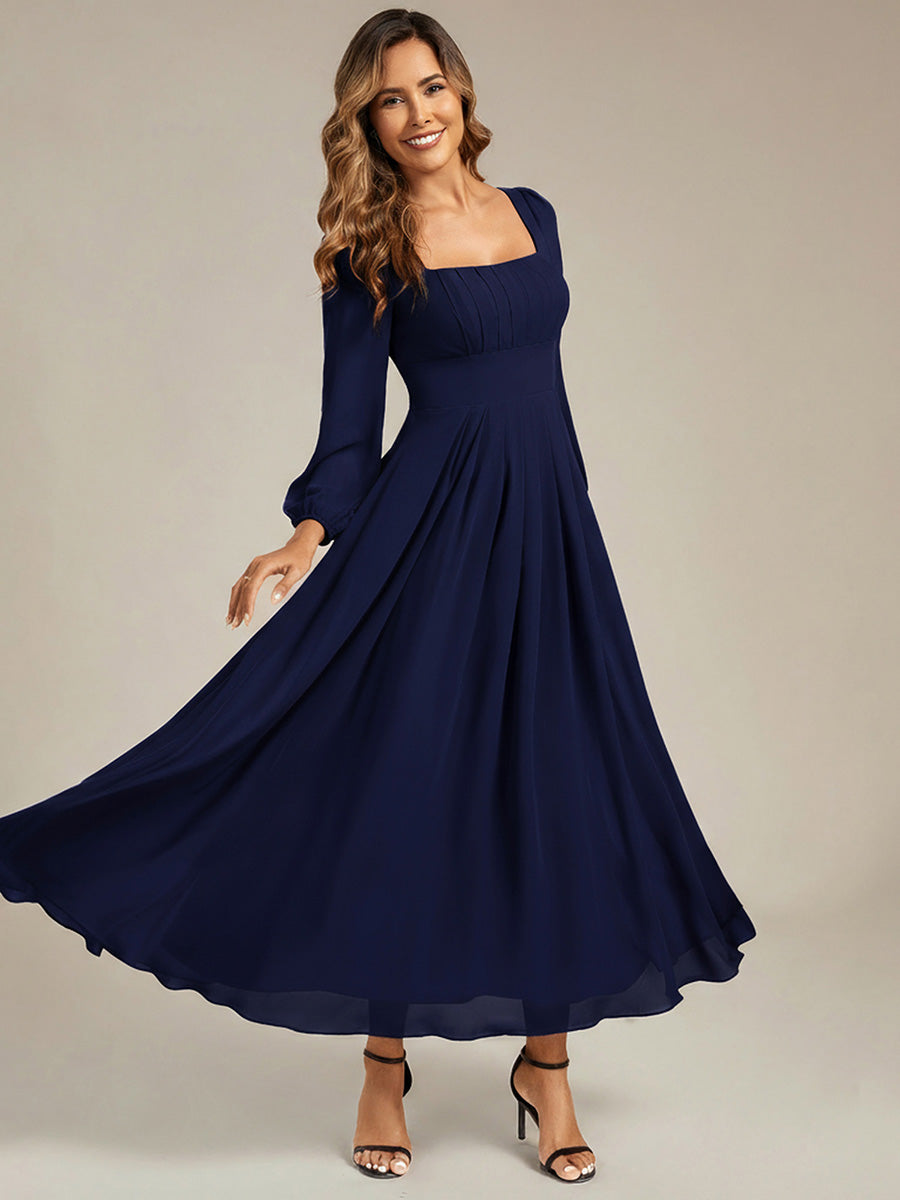 See-through Chiffon Lantern Sleeve Bridesmaid Dress #color_Navy Blue