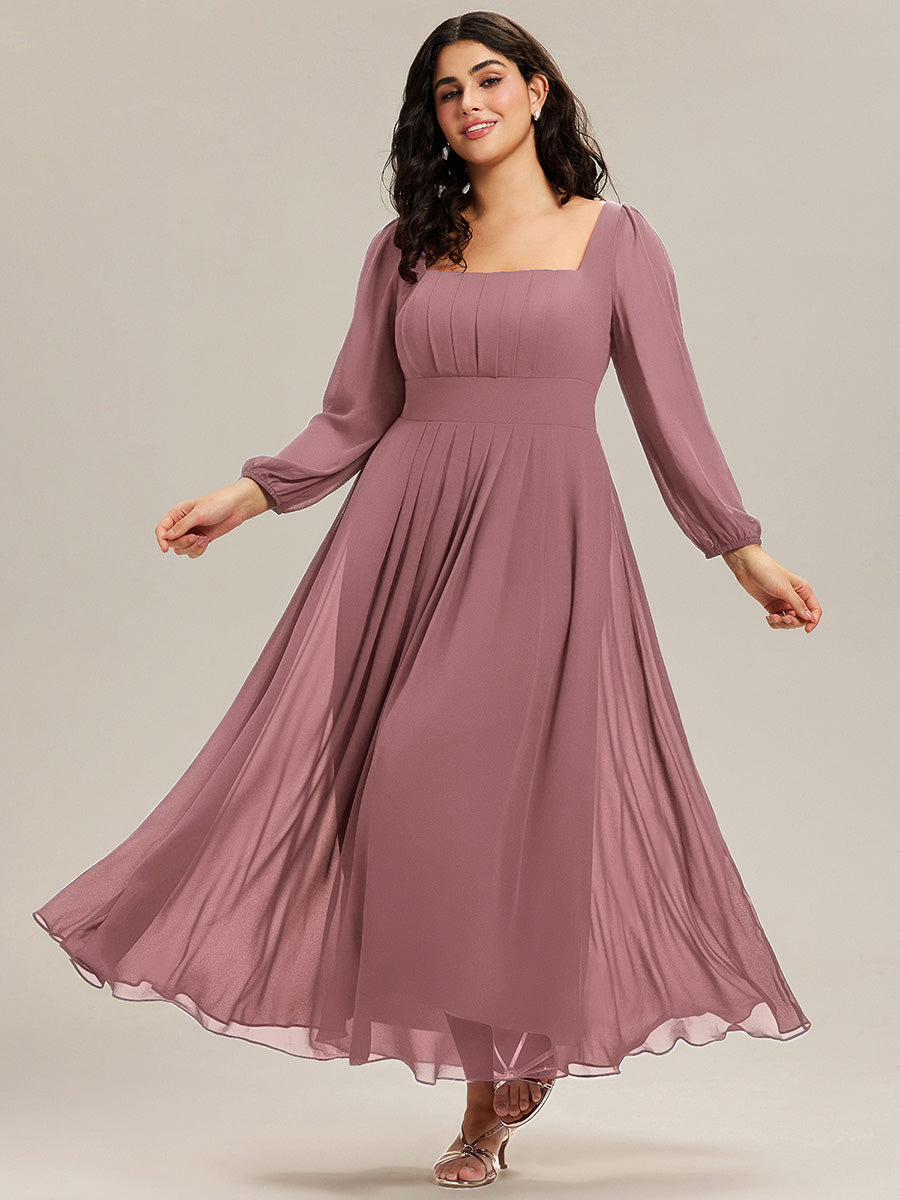 Plus Size Long Sleeve Chiffon Midi Dress with Square Neck for Weddings & Family Events - Ever-Pretty US Plus Size Long Sleeve Chiffon Midi Dress with Square Neck for Weddings & Family Events - Ever-Pretty US