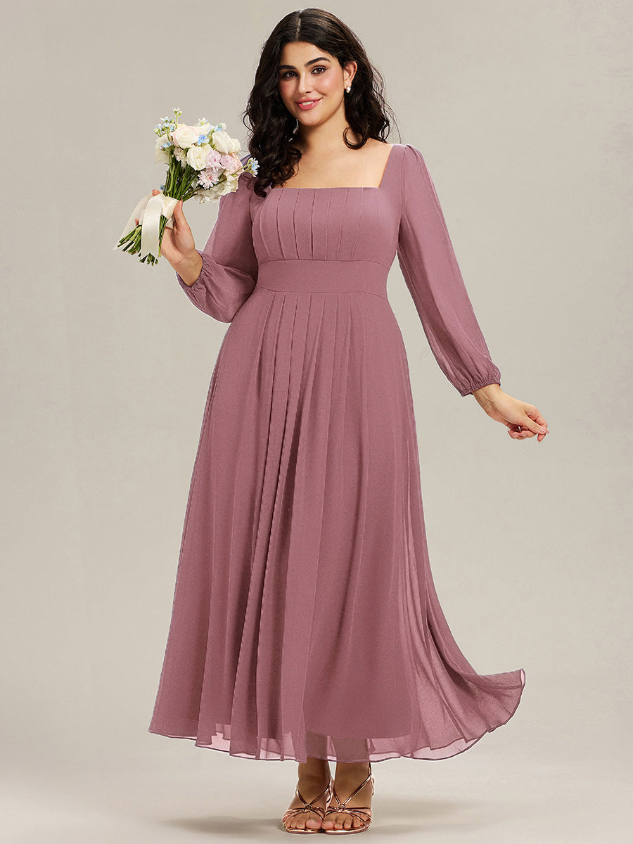 Plus Size Long Sleeve Chiffon Midi Dress with Square Neck for