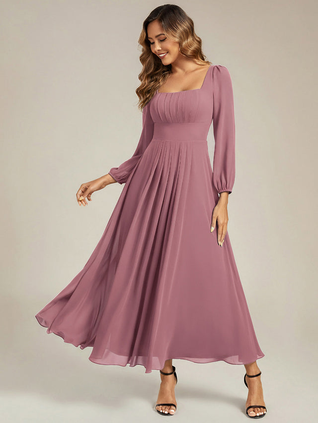 Square Neck Long Sleeve Chiffon Dress for Garden Weddings