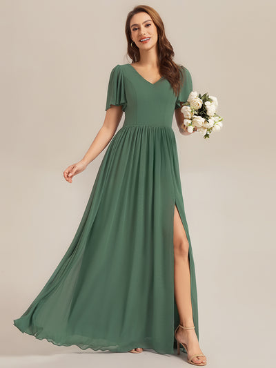 Tie-Up Chiffon Ruffle Sleeve Bridesmaid Dress #color_Eucalyptus
