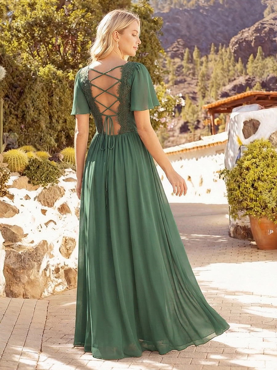 flowy sleeve bridesmaid dress Tie-Front Chiffon Ruffle Size:Men's 8.5 Luxury Black Pearl Applique Square-Neckline Evening gown Crafted from high
