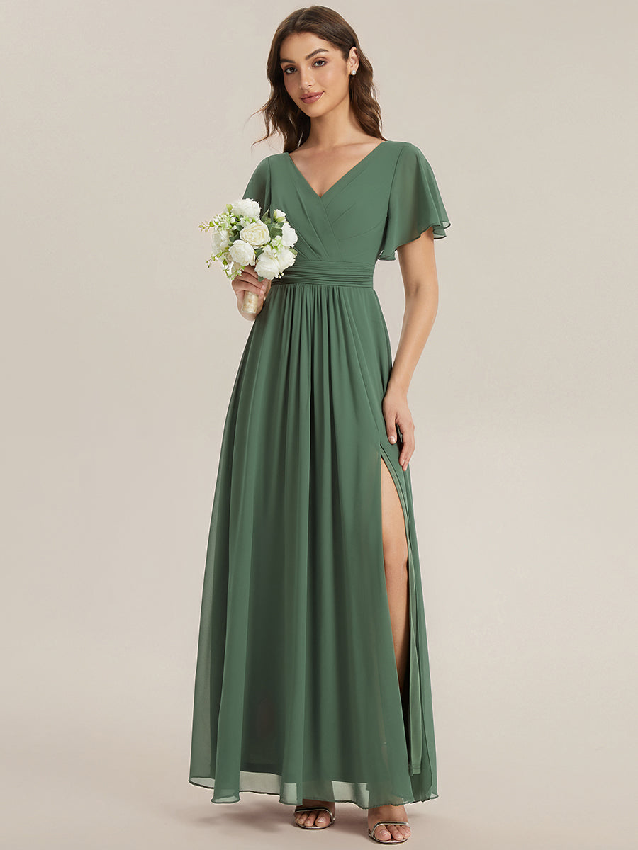 Chiffon Ruffle Sleeve Back Embroidered Bridesmaid Dress #color_Eucalyptus