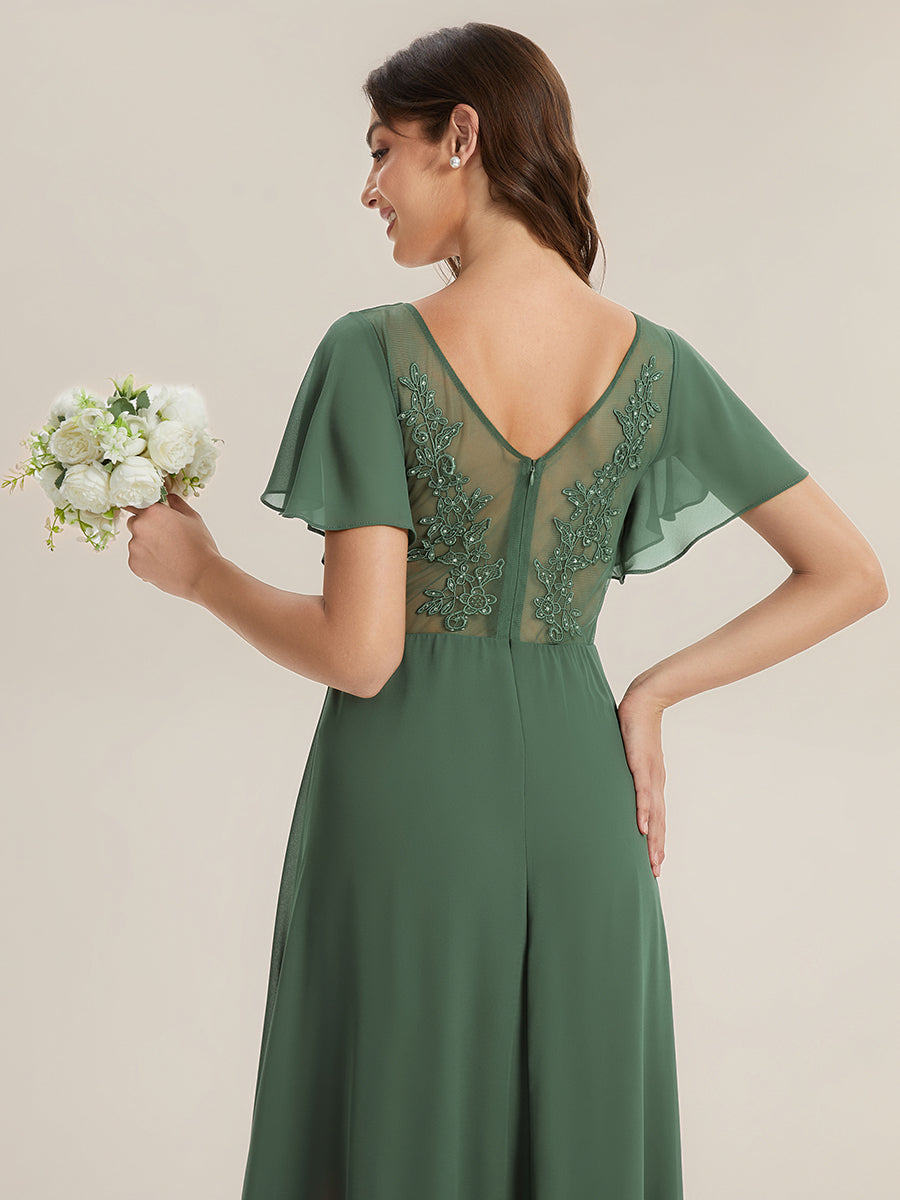 Chiffon Ruffle Sleeve Back Embroidered Bridesmaid Dress #color_Eucalyptus