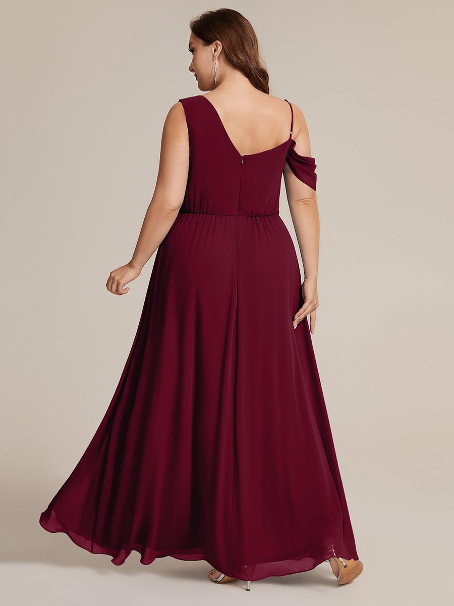 Thigh-High Slit Chiffon Dropped shoulders Bridesmaid Dress #color_Burgundy