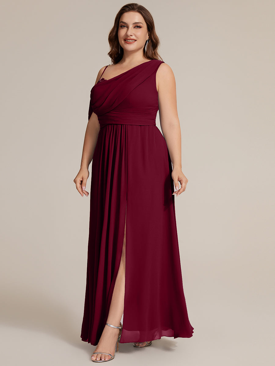 Thigh-High Slit Chiffon Dropped shoulders Bridesmaid Dress #color_Burgundy