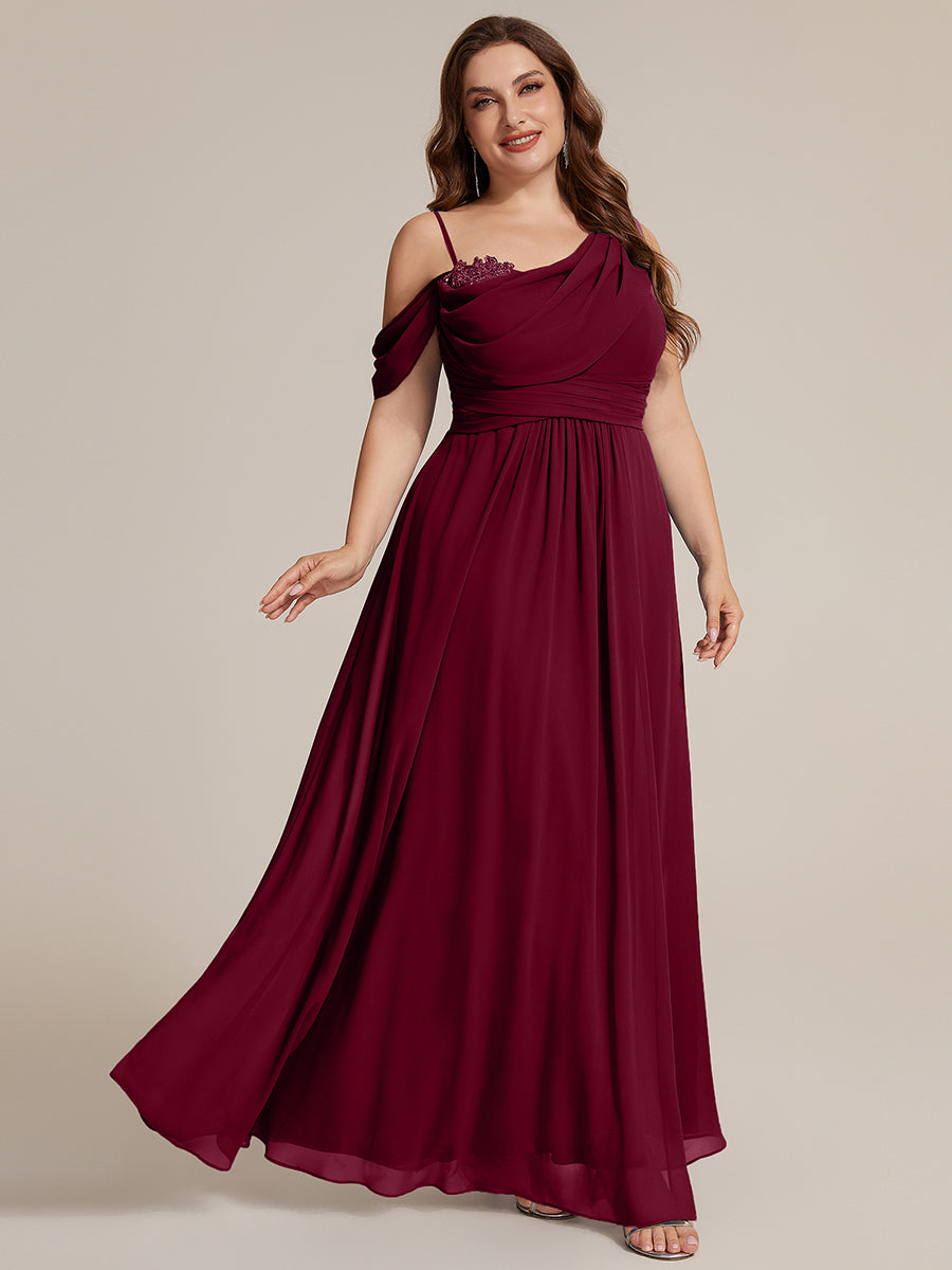 Thigh-High Slit Chiffon Dropped shoulders Bridesmaid Dress #color_Burgundy
