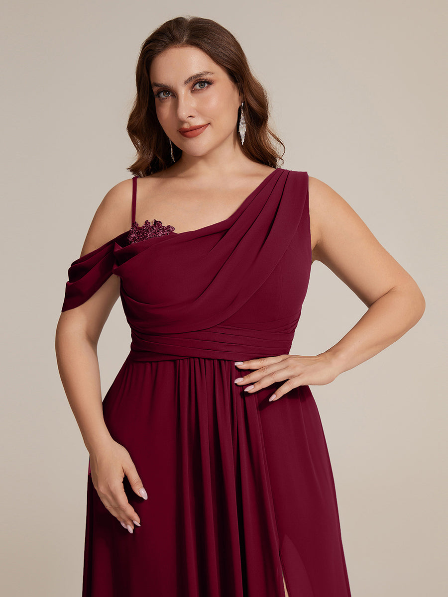 Thigh-High Slit Chiffon Dropped shoulders Bridesmaid Dress #color_Burgundy