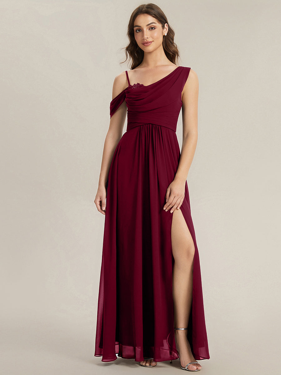 Thigh-High Slit Chiffon Dropped shoulders Bridesmaid Dress #color_Burgundy