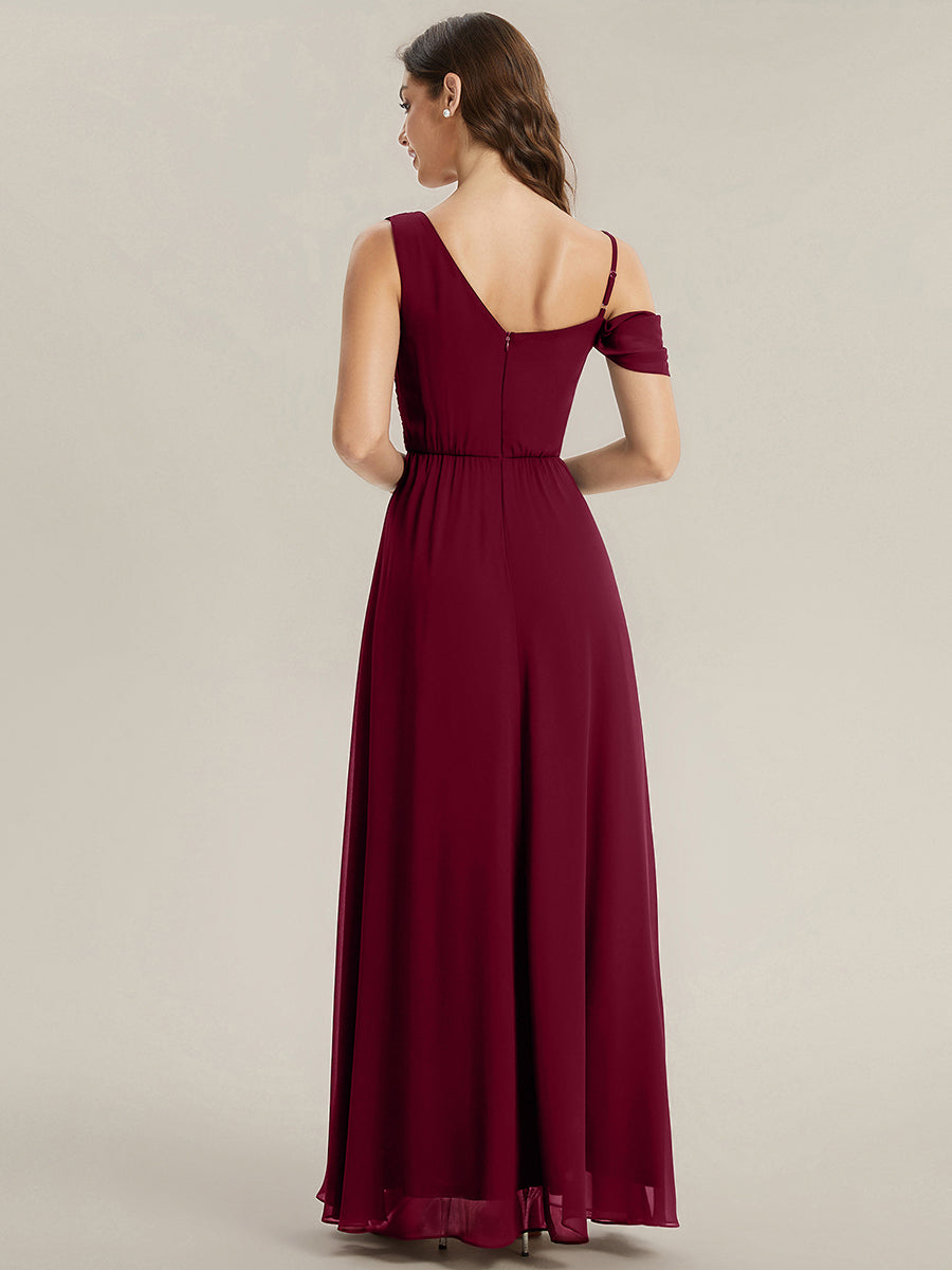 Thigh-High Slit Chiffon Dropped shoulders Bridesmaid Dress #color_Burgundy