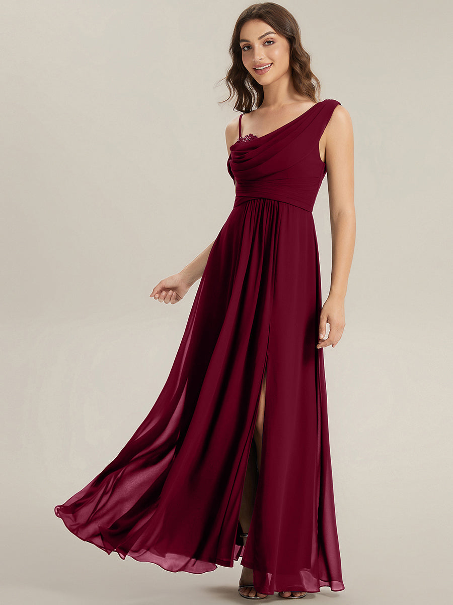 Thigh-High Slit Chiffon Dropped shoulders Bridesmaid Dress #color_Burgundy