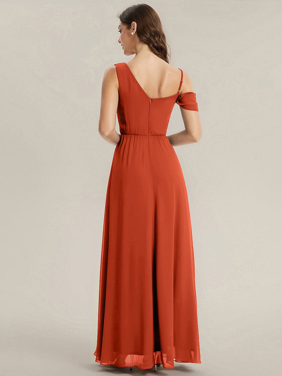 Thigh-High Slit Chiffon Dropped shoulders Bridesmaid Dress #color_Burnt Orange