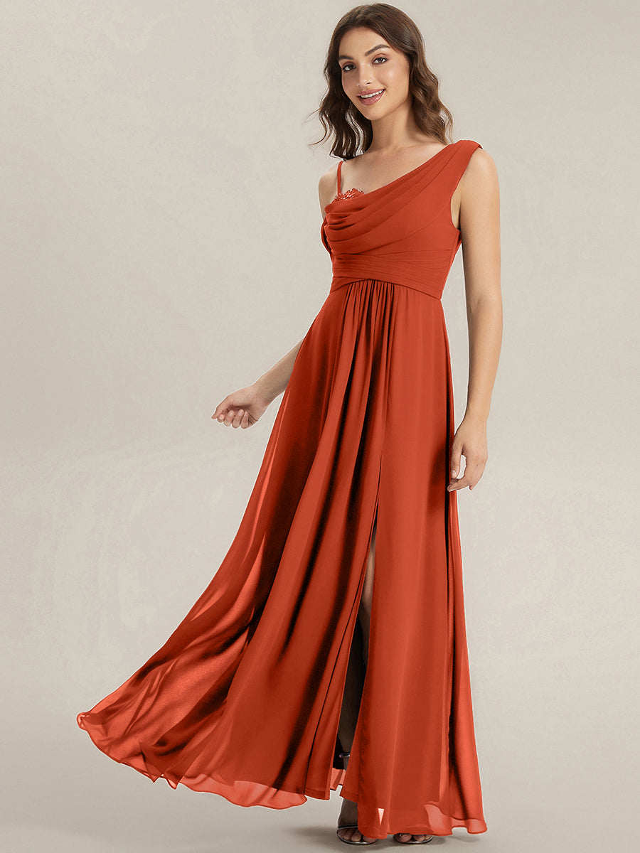 Thigh-High Slit Chiffon Dropped shoulders Bridesmaid Dress #color_Burnt Orange