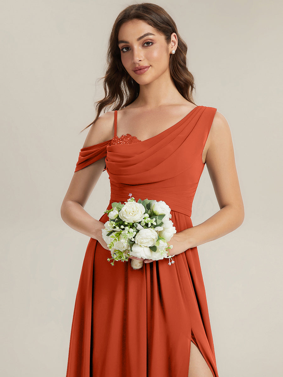 Thigh-High Slit Chiffon Dropped shoulders Bridesmaid Dress #color_Burnt Orange