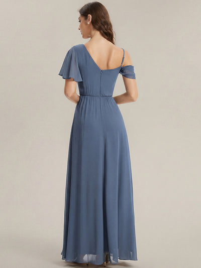 Thigh-High Slit Chiffon Dropped shoulders Bridesmaid Dress #color_Dusty Blue