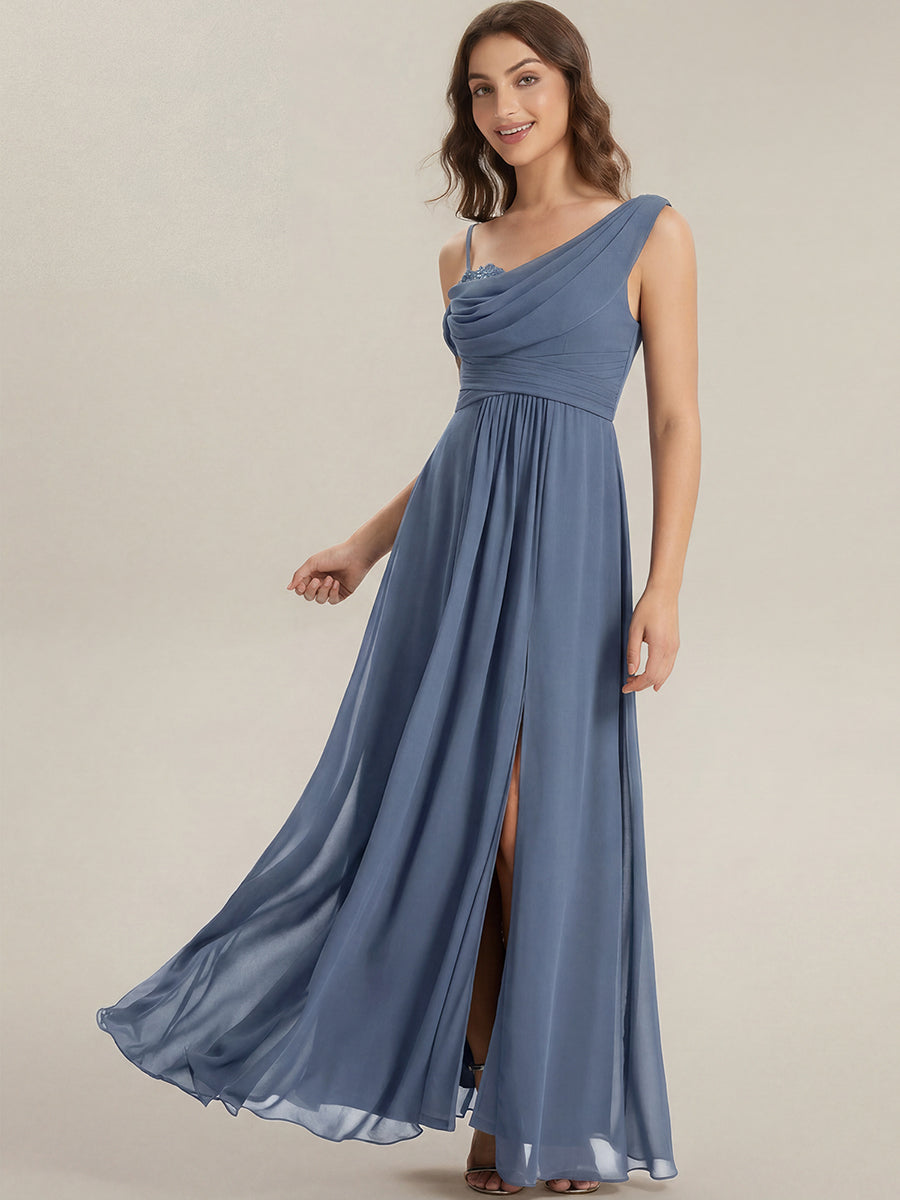 Thigh-High Slit Chiffon Dropped shoulders Bridesmaid Dress #color_Dusty Blue