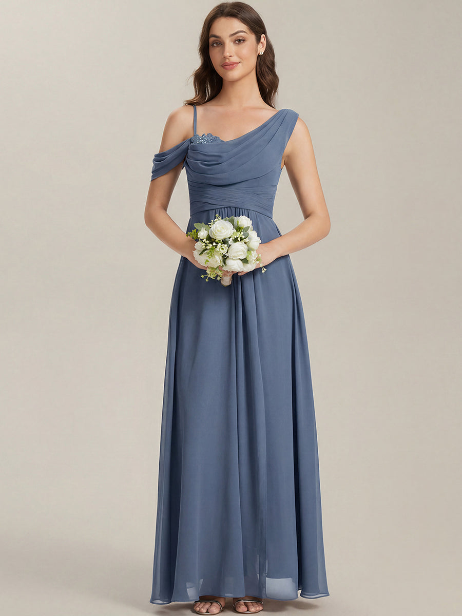 Thigh-High Slit Chiffon Dropped shoulders Bridesmaid Dress #color_Dusty Blue