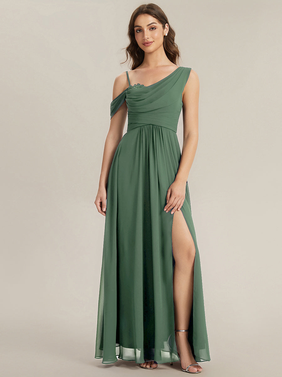 Thigh-High Slit Chiffon Dropped shoulders Bridesmaid Dress #color_Eucalyptus