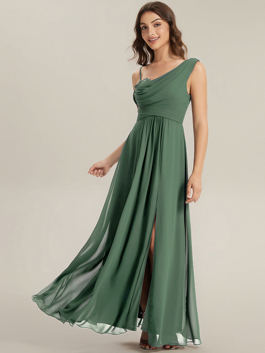 Thigh-High Slit Chiffon Dropped shoulders Bridesmaid Dress #color_Eucalyptus