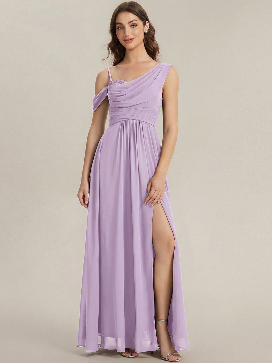 Thigh-High Slit Chiffon Dropped shoulders Bridesmaid Dress #color_Frosted Lilac