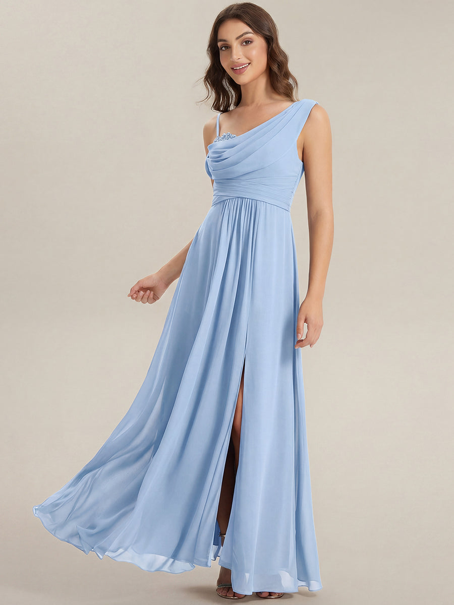 Thigh-High Slit Chiffon Dropped shoulders Bridesmaid Dress #color_Ice Blue