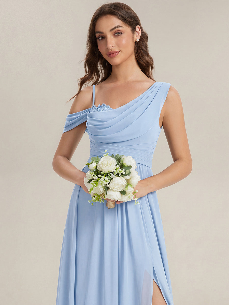Thigh-High Slit Chiffon Dropped shoulders Bridesmaid Dress #color_Ice Blue