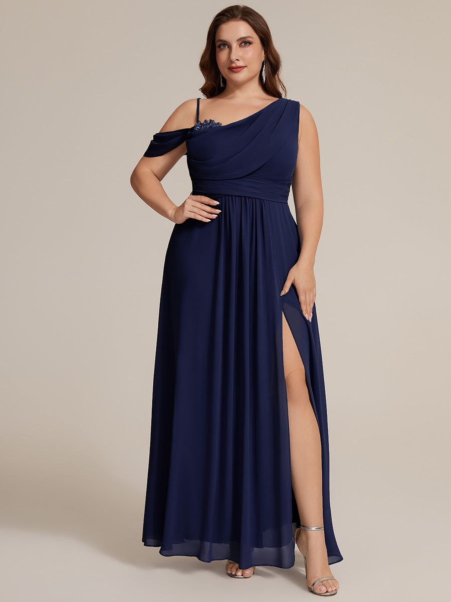Thigh-High Slit Chiffon Dropped shoulders Bridesmaid Dress #color_Navy Blue