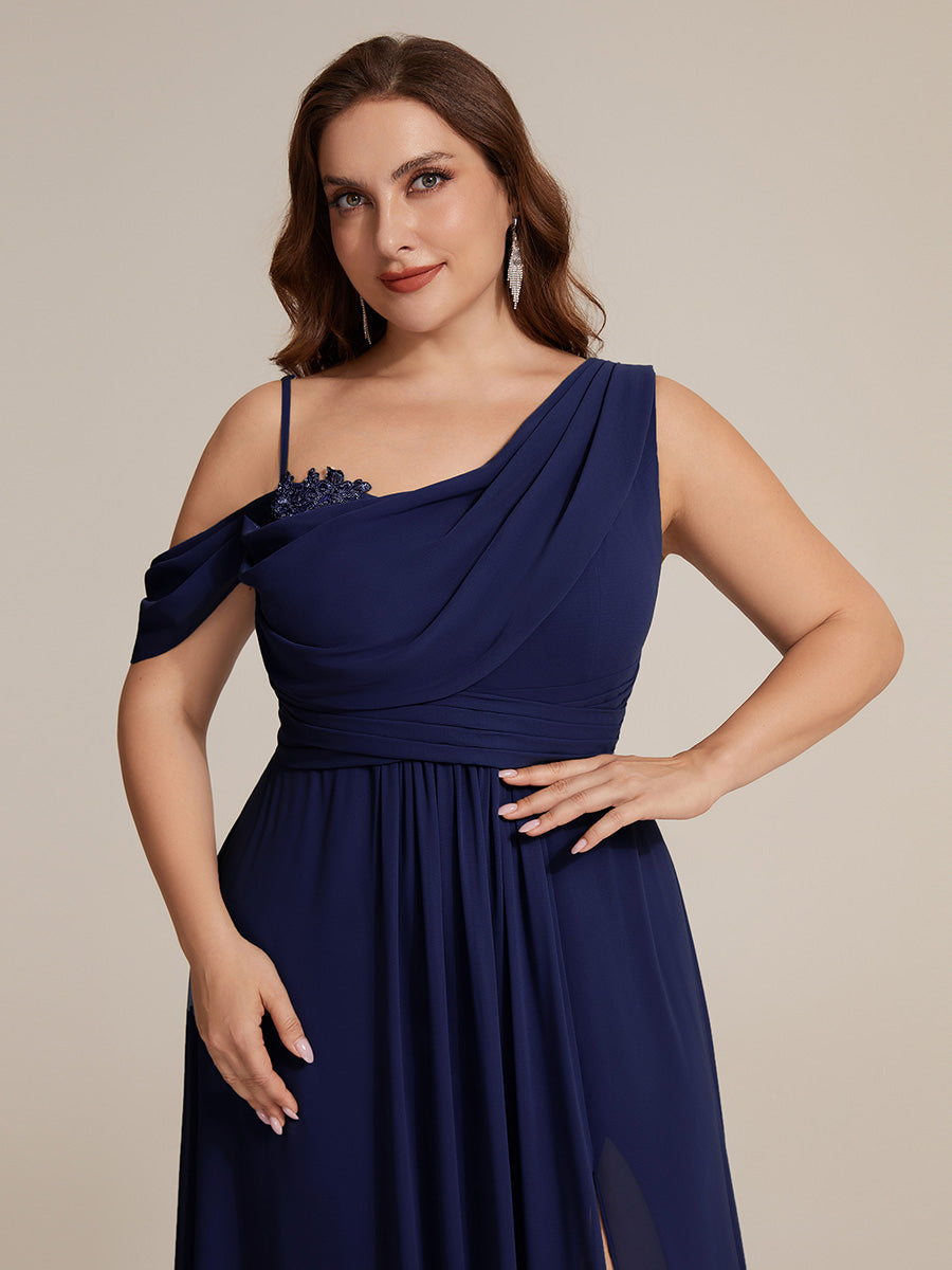 Thigh-High Slit Chiffon Dropped shoulders Bridesmaid Dress #color_Navy Blue